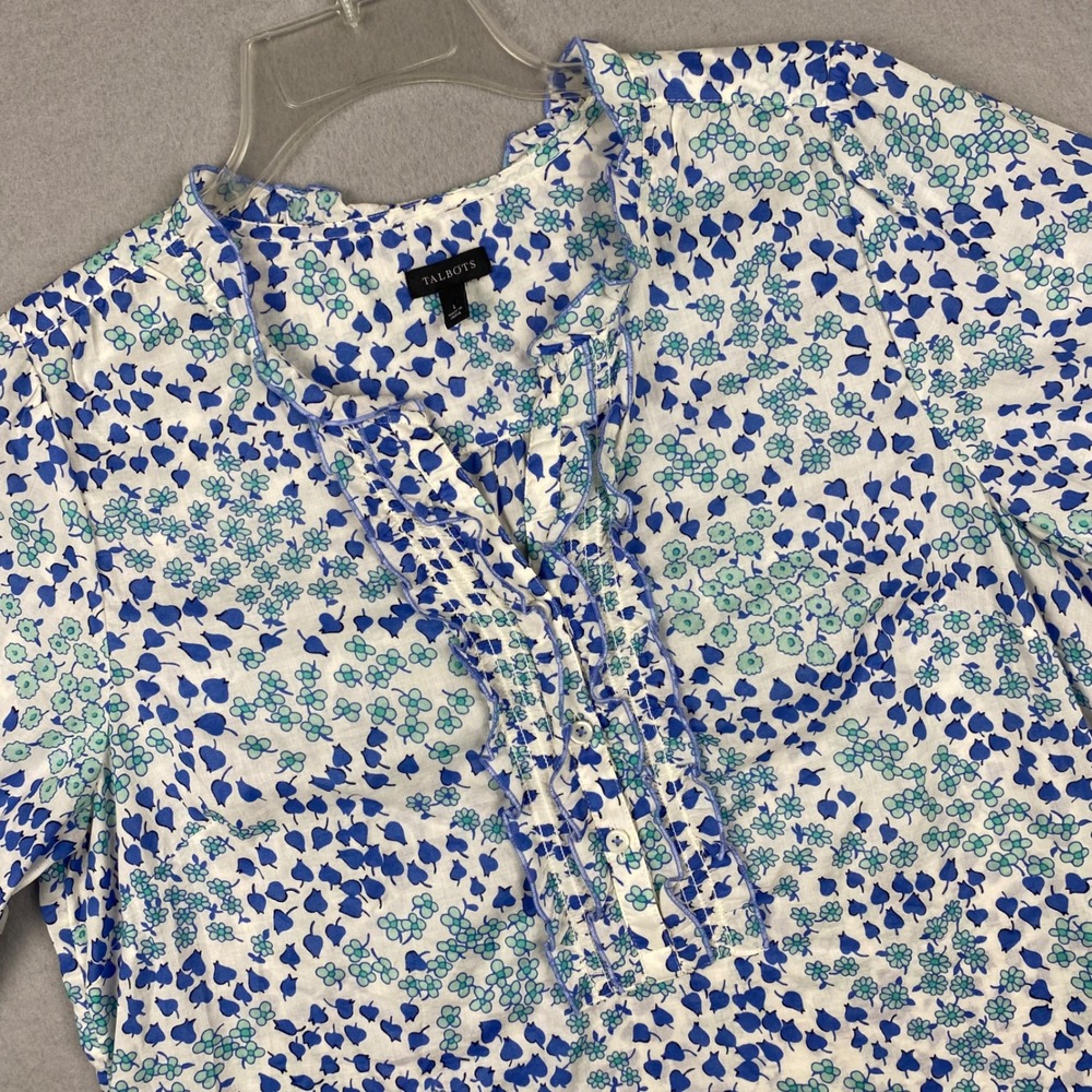 Talbots Womens Blue Floral Cotton Ruffle Short Sleeve Blouse Large